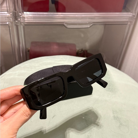 Prada Glossy Black Logo Rectangular Sunglasses - Picture 7 of 10